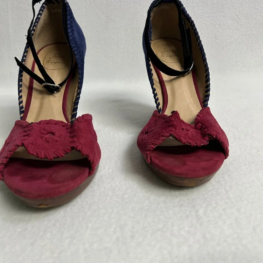 Jack Rogers Preppy Coastal Womens 10 Burgundy Navy Blue Suede Whipstitch Wedges